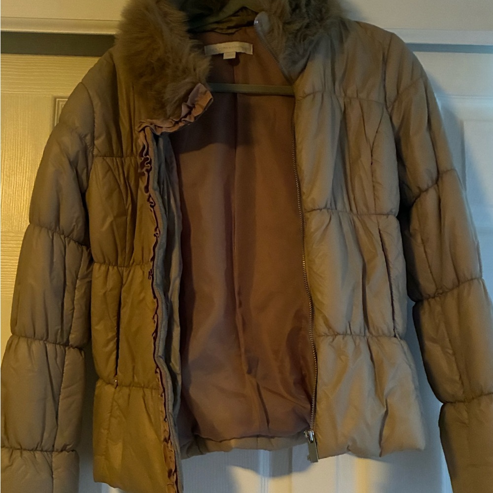 New York & Company Brown Puffer Jacket with Faux Fur Trim